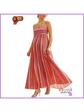 Maternity Striped Smocked Back Spaghetti Strap Flowy Maxi Beach Dress